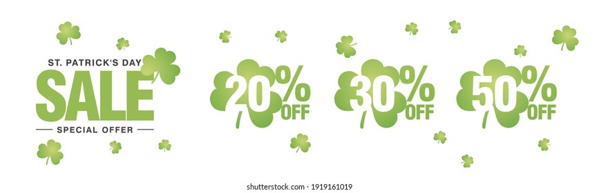 Saint Patrick's Day Sale special offer 20 30 50 percent off green clover negative space discount numbers stickers white background