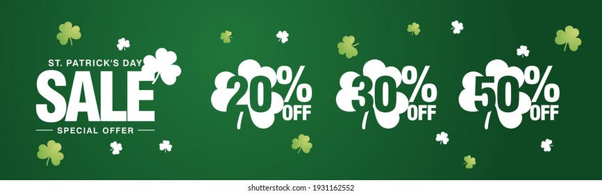 Saint Patricks Day Sale special offer 20 30 50 % off white green clover negative space discount numbers stickers dark green background