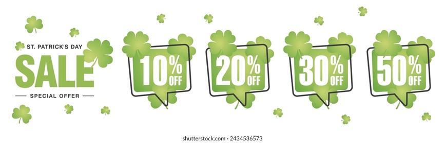 Saint Patrick's Day Sale special offer 10 20 30 50 percent off green clover negative space discount numbers stickers white background