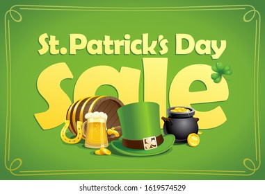 Diseño de banner vectorial de venta de día de San Patricio con símbolos clásicos de vacaciones