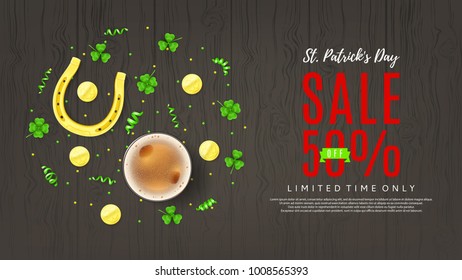 Saint Patrick's Day Sale Web Banner. Top View on Festive Composition with Beer Glass, Horseshoe, Golden Coins and Clover Leaves on Wooden Texture. Vector Illustration with Confetti.
