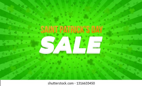 Saint Patrick's Day sale widescreen poster. Bright green rays background, lot of clovers. St. Paddy's backdrop template. Comics, pop art style. 