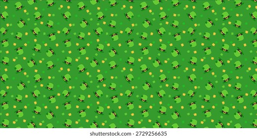 Saint Patrick's Day seamless background with leprechaun hats and green clover leaves. Vector Irish holiday pattern, March 17th celebration backdrop, repeating texture for textile and web.