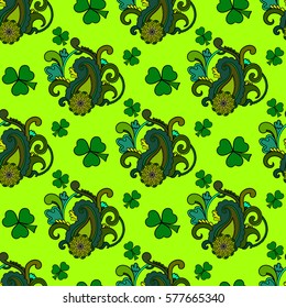 Saint Patrick's day seamless background, green holiday pattern with paisley and clovers, floral and ethnic theme