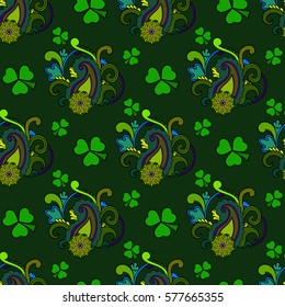 Saint Patrick's day seamless background, colorful holiday pattern with paisley and clovers, floral and ethnic theme