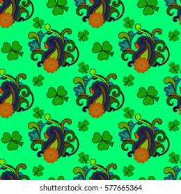 Saint Patrick's day seamless background, colorful holiday pattern with paisley and clovers, floral and ethnic theme