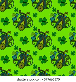 Saint Patrick's day seamless background, colorful holiday pattern with paisley and clovers, floral and ethnic theme