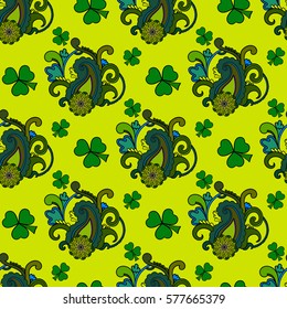 Saint Patrick's day seamless background, colorful holiday pattern with paisley and clovers, floral and ethnic theme