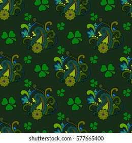 Saint Patrick's day seamless background, colorful holiday pattern with paisley and clovers, floral and ethnic theme