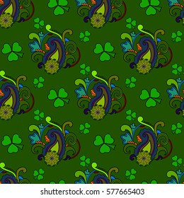 Saint Patrick's day seamless background, colorful holiday pattern with paisley and clovers, floral and ethnic theme