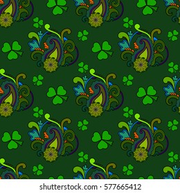 Saint Patrick's day seamless background, colorful holiday pattern with paisley and clovers, floral and ethnic theme