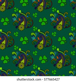 Saint Patrick's day seamless background, colorful holiday pattern with paisley and clovers, floral and ethnic theme