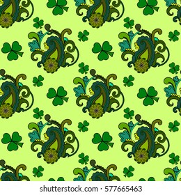 Saint Patrick's day seamless background, green holiday pattern with paisley and clovers, floral and ethnic theme