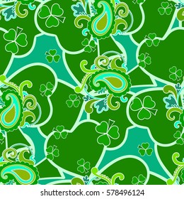 Saint Patrick's day seamless background, green holiday pattern with paisley and clovers, floral and ethnic theme