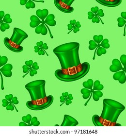 Saint Patrick's day seamless background with clover and hat on green - vector illustration