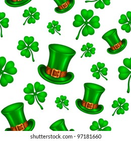 Saint Patrick's day seamless background with clover and hat on white - vector illustration