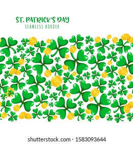 Saint Patricks Day seamless border frame - cartoon shamrock or clover leaves and golden coins, border pattern on white background, traditional folk holiday symbols or festive decorations, vector