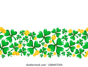 Saint Patricks Day seamless border frame - cartoon shamrock or clover leaves and golden coins, border pattern on white background, traditional folk holiday symbols or festive decorations, vector