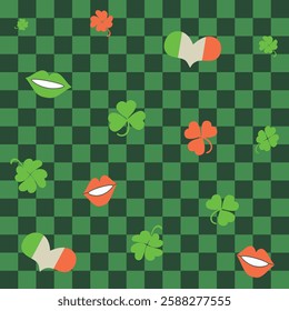 Saint patrick's day seamless checkered pattern with simple elements clover, heart, lips