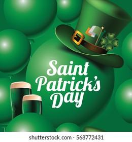 Saint Patrick's Day seamless green balloon, leprechaun hat and green beer pattern. EPS 10 vector.