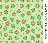 Saint Patrick's Day seamless pattern. Clover with four leaf, gold coins, shamrock. Flat, hand drawn texture for wallpaper, textile, fabric, paper. Vector illustration