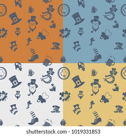 Saint Patricks Day Seamless Pattern. Four Background in Different Colors. Vector. Clean Work Minimum Points