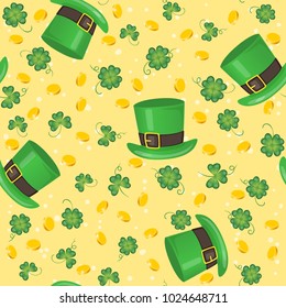 Saint Patricks Day seamless pattern with clover, golden coins and Leprechaun hat. Vector cartoon spring background. 