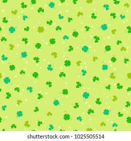 Saint Patricks Day seamless pattern with clover and Shamrock. Vector cartoon colorful spring background. 