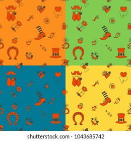 Saint Patricks Day Seamless Pattern. Four Background in Different Colors. Vector. Clean Work Minimum Points