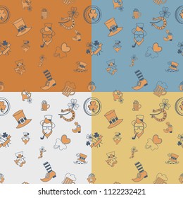 Saint Patricks Day Seamless Pattern. Four Background in Different Colors. Vector. Clean Work Minimum Points