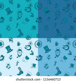Saint Patricks Day Seamless Pattern. Four Background in Different Colors. Vector. Clean Work Minimum Points