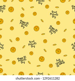 Saint Patrick's Day seamless pattern with golden coins. Vector spring background. 