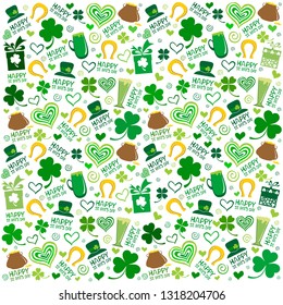 Saint Patrick's day seamless  pattern. St. Patrick's day background with leaf clover, pint beer, leaf clover,  pub decoration, leprechaun hat, pot of gold coins. vector illustration