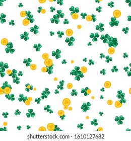 Saint Patricks Day seamless pattern. Holiday background with Irish symbol shamrock clover