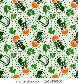 Saint Patrick's day seamless pattern with Beer mugs and Shamrock leafs. Vector illustration.