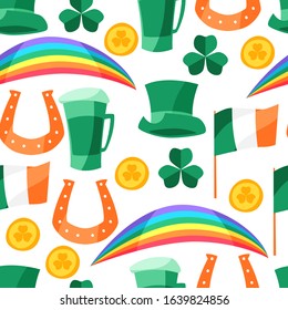 Saint Patricks Day seamless pattern. Holiday illustration with Irish festive national items.