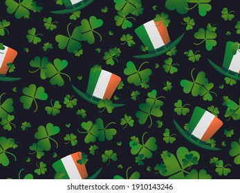 Saint Patrick's Day seamless pattern. Clover and leprechaun hat with Irish flag. Festive background for advertising products, postcards and printing. Vector illustration