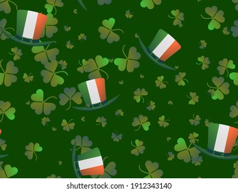 Saint Patrick's Day seamless pattern. Clover and leprechaun hat with Irish flag. Festive background for advertising products, postcards and printing. Vector illustration