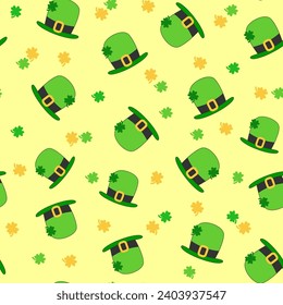 Saint Patrick's Day seamless pattern with shamrock clover shapes on yellow background. Irish leprechaun hat and trefoil print for wrapping, paper, fabric, and design.