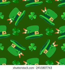 Saint Patrick's Day seamless pattern. Cute Leprechaun hat, clover shamrock. Spring holiday March 17 St Patrick. Green Vector background for fabric, textiles, wrapping paper.