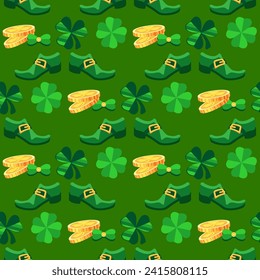 Saint Patrick's Day seamless pattern. Cute Leprechaun, shoes,  clover shamrock, gold coins. Spring holiday March 17 St Patrick. Green Vector background for fabric, textiles, wrapping paper.