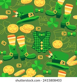 Saint Patrick's Day seamless pattern. Cute Leprechaun hat, shoes,  clover shamrock, gold coins. Spring holiday March 17 St Patrick. Green Vector background for fabric, textiles, wrapping paper.