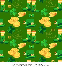 Saint Patrick's Day seamless pattern. Cute Leprechaun hat, shoes,  clover shamrock, gold coins. Spring holiday March 17 St Patrick. Green Vector background for fabric, textiles, wrapping paper.