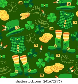 Saint Patrick's Day seamless pattern. Cute Leprechaun hat, shoes,  clover shamrock, gold coins. Spring holiday March 17 St Patrick. Green Vector background for fabric, textiles, wrapping paper.