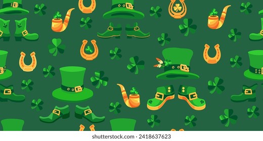 Saint Patrick's Day seamless pattern. Cute Leprechaun hat, shoes,  clover shamrock, pipe, horseshoe. Spring holiday March 17 St Patrick. Green Vector background for fabric, textiles, wrapping paper