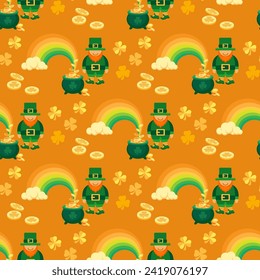 Saint Patrick's Day seamless pattern. Cute Leprechaun, pot, coins,  rainbow, clover shamrock, horseshoe. Spring holiday March 17 St Patrick. Vector background for fabric, textiles, wrapping paper.