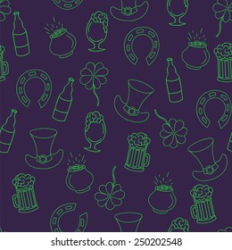 Saint Patrick's Day seamless pattern with beer, pot of money, four leaf clover  . Vector illustration. 
