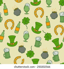 Saint Patrick's Day seamless pattern with beer and a pot of money. Vector illustration.
