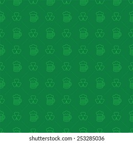 Saint Patrick's Day seamless pattern. Vector green background with shamrock and beer.