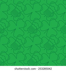 Saint Patrick's Day seamless pattern. Vector green background with shamrock and beer.